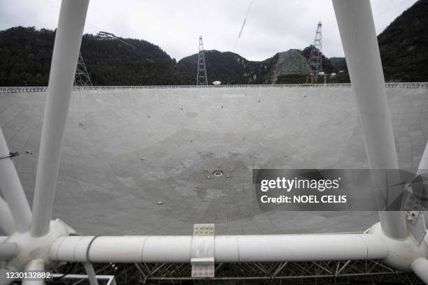 This photo taken on December 13 shows workers at the Five-hundred-meter Aperture Spherical radio Telescope conducting maintenance at the National...