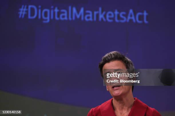 Margrethe Vestager, competition commissioner of the European Commission, speaks while unveiling the European Union's new Digital Markets Act in...