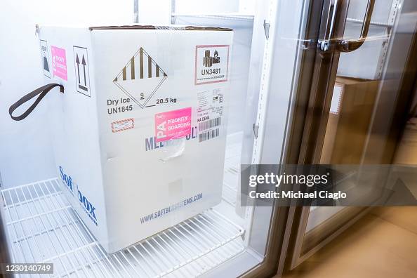 Pfizer Injection Boxes A box containing a shipment of the Pfizer-BioNTech COVID-19 vaccine ...