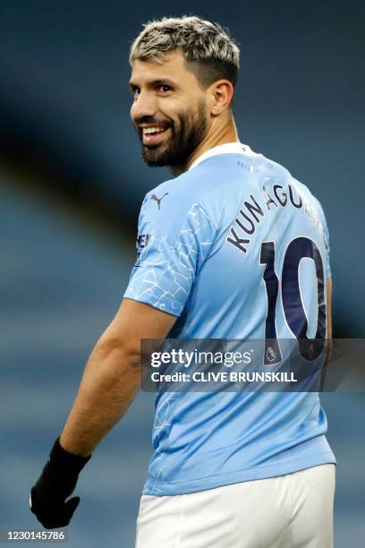 Manchester City's Argentinian striker Sergio Aguero reacts during the English Premier League football match between Manchester City and West Bromwich...