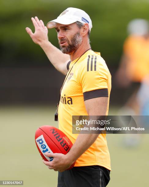 Chris Newman, Assistant Coach Defence of the Hawks in action during a Hawthorn Hawks AFL training session at Waverley Park on December 16, 2020 in...