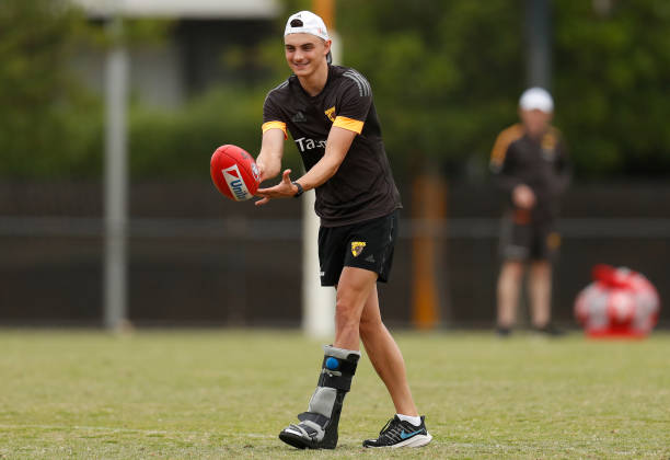 Seamus Mitchell of the Hawks in action during a Hawthorn Hawks AFL training session at Waverley Park on December 16, 2020 in Melbourne, Australia.