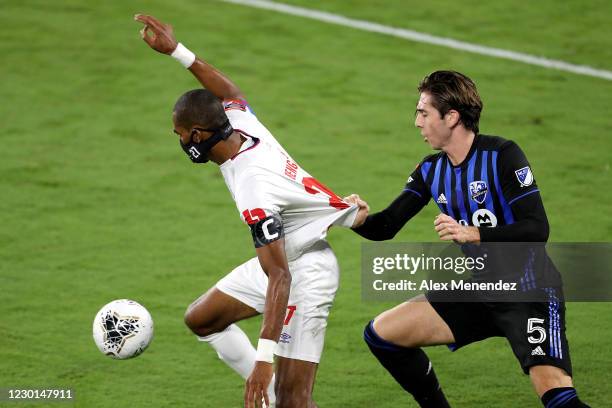 Luis Binks of Montreal Impact grabs the shirt of Jerry Bengston of CD Olimpia during the CONCACAF Champions League quarterfinal game at Exploria...