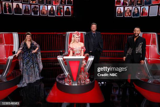 Live Finale Results" Episode 1914B -- Pictured: Kelly Clarkson, Gwen Stefani, Blake Shelton, John Legend --