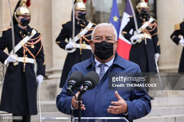 Portuguese Prime minister Antonio Costa speaks to the press as he arrives for a working lunch with French President at the Elysee presidential palace...