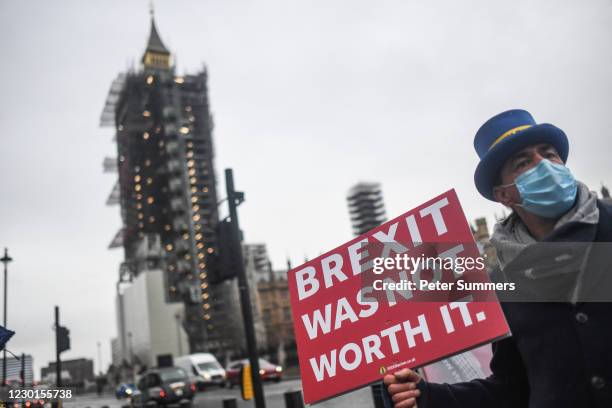 Brexit activist Steve Bray holds a sign reading 'Brexit Was Not Worth It' at an anti-Brexit protest outside the Houses of Parliament on December 16,...