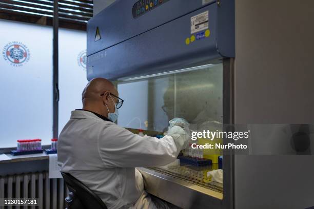 Biologist proces some swab test inside the laboratory of the Celio military hospital in Roma on 24th November 2020, Italy. Since the benning of the...