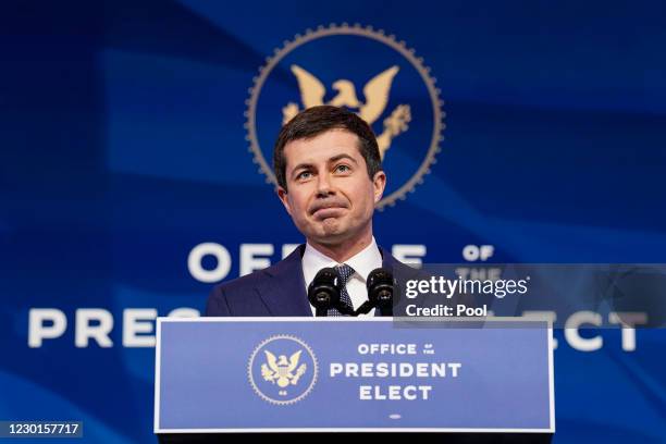 Former Democratic presidential candidate Pete Buttigieg speaks after he was nominated to be Transportation Secretary by U.S. President-elect Joe...