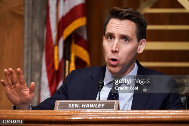 Sen. Josh Hawley asks questions during a Senate Homeland Security and Governmental Affairs Committee hearing to discuss election security and the...