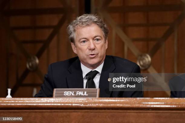 Sen. Rand Paul asks questions during a Senate Homeland Security and Governmental Affairs Committee hearing to discuss election security and the 2020...