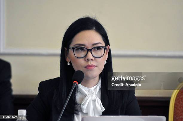 Saniya Toktogaziyeva, a lawyer representing the Kyrgyzstan Bar Association makes a speech during a forum, where women working in public and...