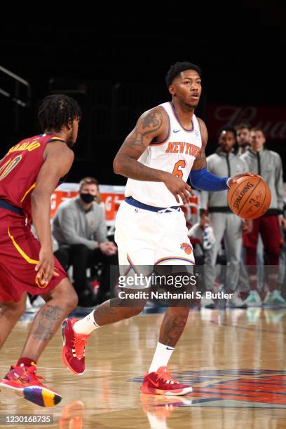Elfrid Payton of the New York Knicks dribbles the ball against the Cleveland Cavaliers on December 16, 2020 at Madison Square Garden in New York, New...