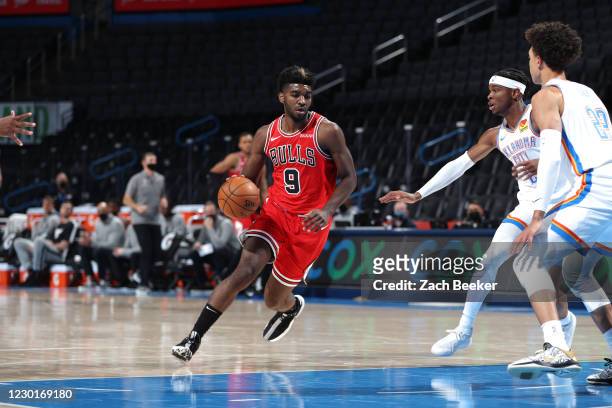Patrick Williams of the Chicago Bulls drives to the basket against the Oklahoma City Thunder during a preseason game on December 16, 2020 at...