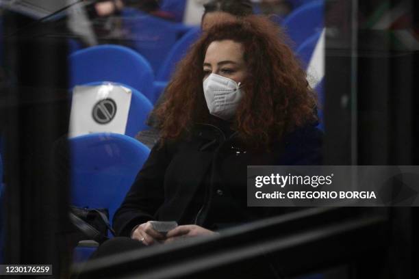 Rosa Maria Esilio, widow of Italian Carabinieri paramilitary police officer Mario Cerciello Rega, holds a photograph of her husband ahead of a...