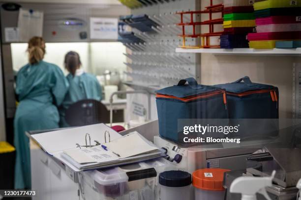 Cold storage boxes inside a laboratory during a phase 3 trial of the Johnson & Johnson Covid-19 vaccine by the Germans Trias i Pujol hospital and...