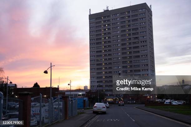 Social housing high rise tower block as the sun sets in Highgate on 14th December 2020 in Birmingham, United Kingdom. Following the Big City Plan of...