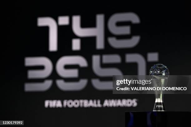 This photograph taken on December 17, 2020 shows the Best FIFA trophy on display ahead of The Best FIFA Football Awards 2020 ceremony, at the FIFA's...