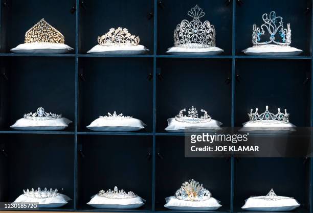 Tiaras made of crystals are displayed at the Swarovski Crystal Worlds museum, near the plant of Austrian crystal glass manufacturer Swarovski in...