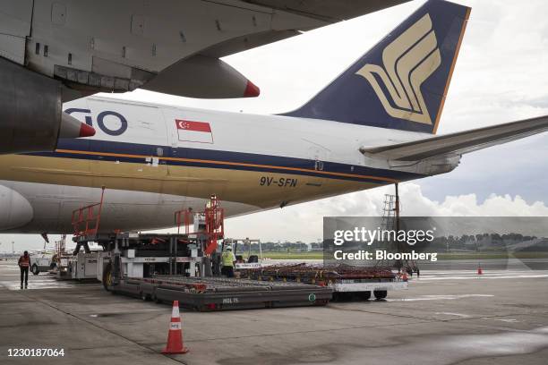 Singapore Airlines Ltd. Cargo aircraft at Changi Airport in Singapore, on Wednesday, Dec. 16, 2020. SATS is preparing for the arrival of its first...