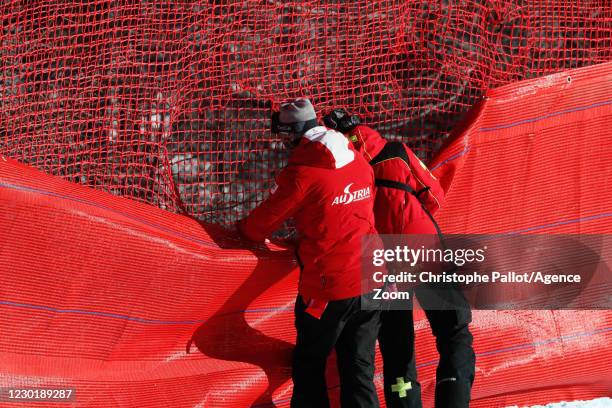 Nicole Schmidhofer of Austria crashes out during the Audi FIS Alpine Ski World Cup Women's Downhill on December 18, 2020 in Val d'Isere France.