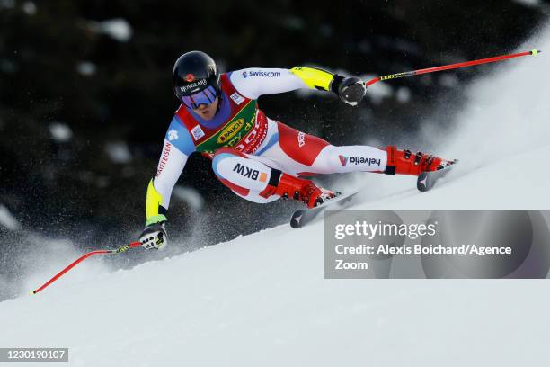 Mauro Caviezel of Switzerland in action during the Audi FIS Alpine Ski World Cup Men's Super Giant Slalom on December 18, 2020 in Val Gardena Italy.