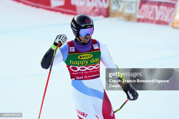 Mauro Caviezel of Switzerland celebrates during the Audi FIS Alpine Ski World Cup Men's Super Giant Slalom on December 18, 2020 in Val Gardena Italy.