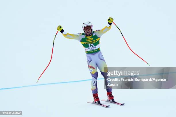 Aleksander Aamodt Kilde of Norway celebrates during the Audi FIS Alpine Ski World Cup Men's Super Giant Slalom on December 18, 2020 in Val Gardena...