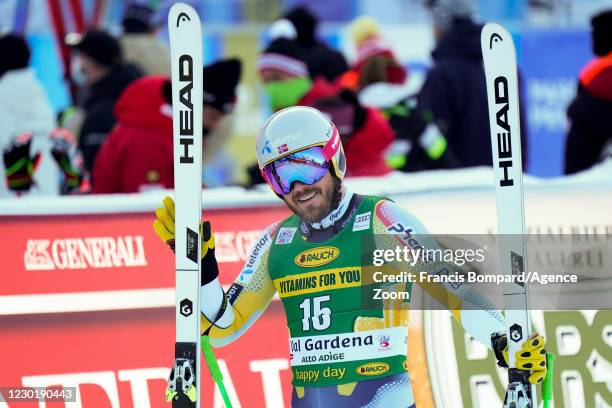 Kjetil Jansrud of Norway celebrates during the Audi FIS Alpine Ski World Cup Men's Super Giant Slalom on December 18, 2020 in Val Gardena Italy.