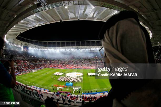 Spectator looks on at the start of the Amir Cup final football match between al-Sadd and al-Arabi at Al-Rayyan Stadium in Al-Rayyan, Qatar, on...