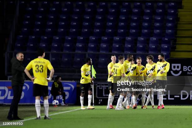 Mounir el Allouchi of NAC Breda celebrates 1-0 with Nick Venema of NAC Breda, Colin Rosler of NAC Breda, Robin Schouten of NAC Breda, Kaj de Rooij of...
