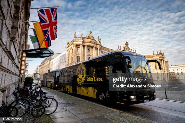 View of the bus outside the hotel prior to the Bundesliga match between 1. FC Union and Borussia Dortmund at the Stadion An der Alten Foersterei on...