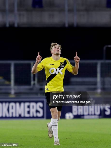Sydney van Hooijdonk of NAC Breda celebrate his goal 3-0 during the Dutch Keuken Kampioen Divisie match between NAC Breda v FC Volendam at the Rat...