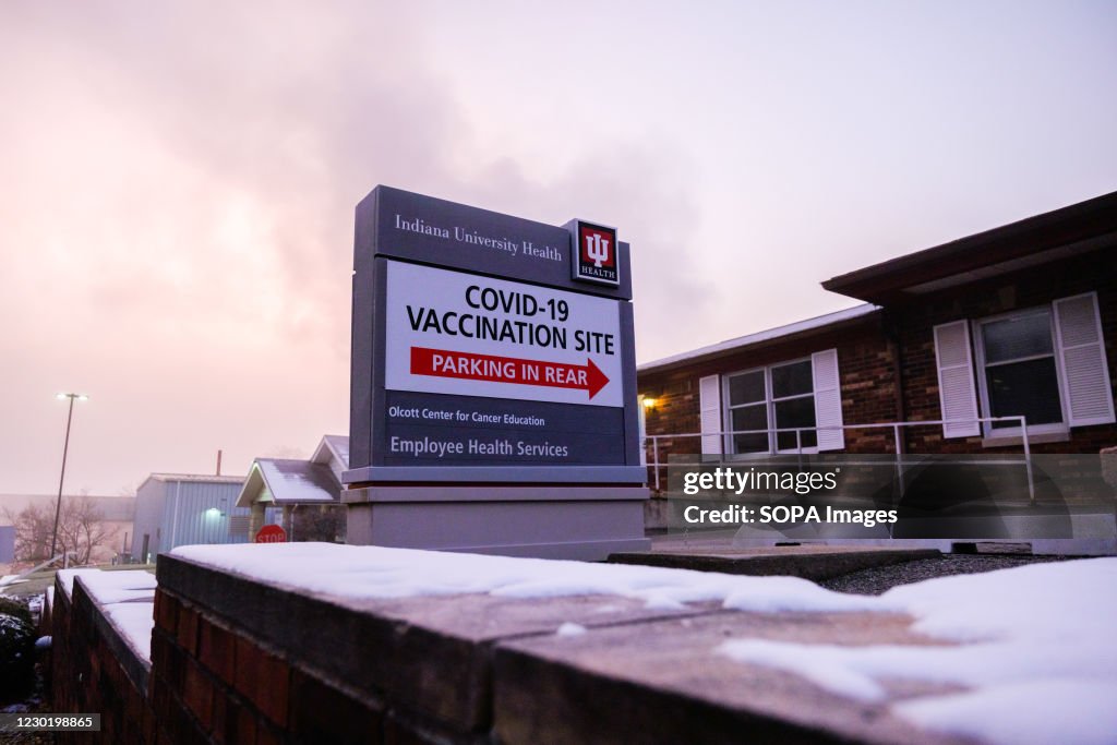 A signage depicting covid-19 vaccination site at IU Health...