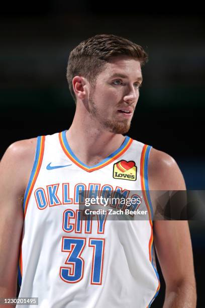 Leaf of the Oklahoma City Thunder looks on during the game against the Chicago Bulls on December 18, 2020 at Chesapeake Energy Arena in Oklahoma...