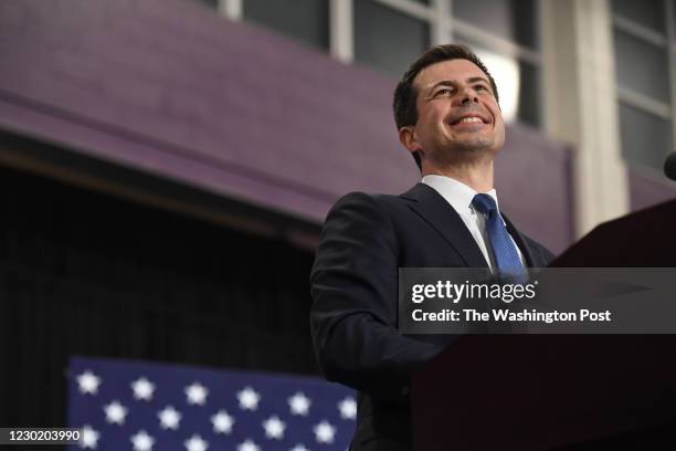 Former South Bend, IN mayor, Pete Buttigieg appears at a campaign event at Needham Broughton High School on Saturday February 29, 2020 in Raleigh, NC.