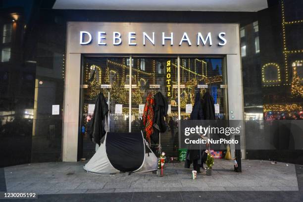 Rough sleeper's tent seen at Debenhams entrance in Henry Street, in Dublin city center. On Friday, December 18 in Dublin, Ireland.