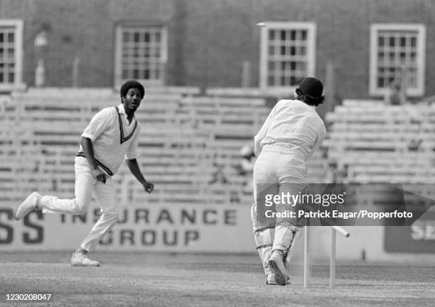 England batsman Alan Knott is bowled for 57 runs by Michael Holding of West Indies during the 5th Test match between England and West Indies at The...
