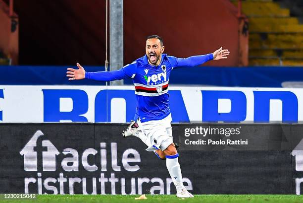 Fabio Quagliarella of UC Sampdoria celebrates after scoring 3-1 during the Serie A match between UC Sampdoria and FC Crotone at Stadio Luigi Ferraris...