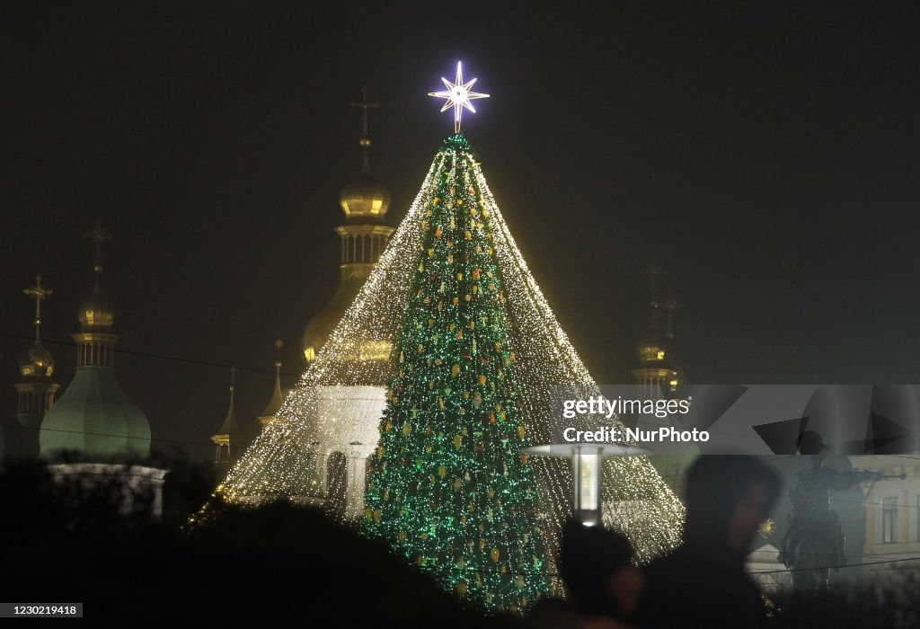 The Main Christmas Tree Of Ukraine Lit Up At St. Sophia's Square In Ukraine