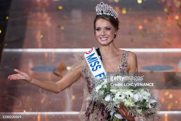 Newly elected Miss France 2021 Miss Normandie Amandine Petit reacts as she is elected Miss France 2021 at the end of the Miss France 2021 beauty...