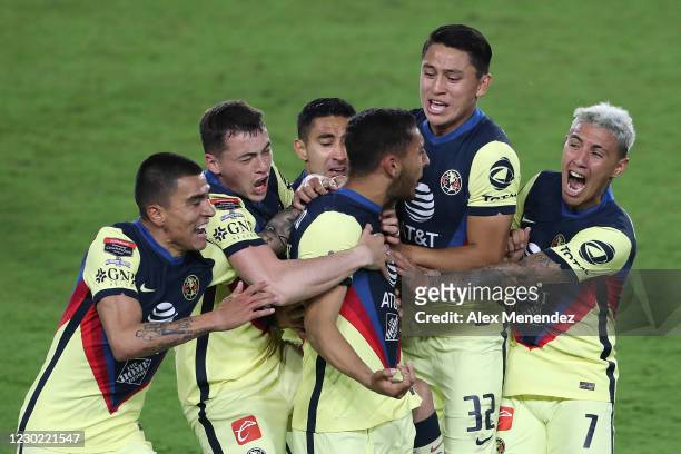 Sebastian Caceres of Club America celebrates with his teammates after scoring a goal against Los Angeles FC during the CONCACAF Champions League...