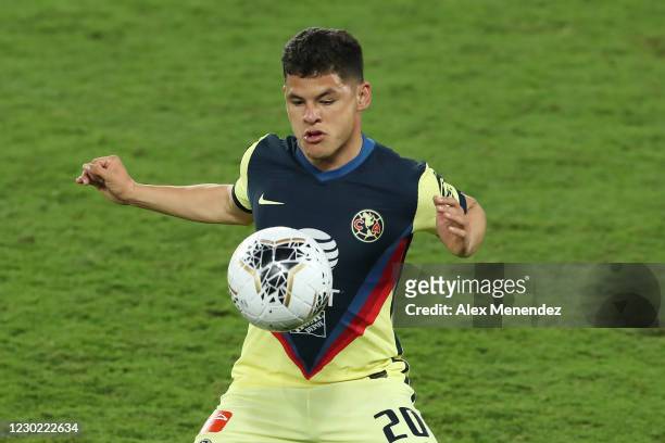 Richard Sanchez of Club America controls the ball during the CONCACAF Champions League semifinal game against Los Angeles FC at Exploria Stadium on...