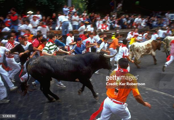 Runners avoid the bulls in Telefonica during the San Fermin Fiesta 1999 in Pamplona, Spain. \ \ Noon on the 6th July sees the start of the San Fermin...
