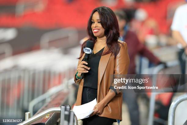 Fox TV reporter Pam Oliver during the Week 15 NFL game between the Atlanta Falcons and the Tampa Bay Buccaneers on December 20, 2020 at Mercedes-Benz...