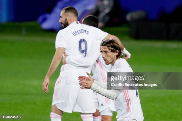 Luka Modric of Real Madrid celebrates 0-2 during the La Liga Santander match between Eibar v Real Madrid at the Estadio Municipal de Ipurua on...