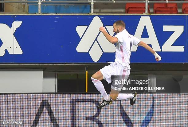 Real Madrid's French forward Karim Benzema celebrates after scoring a goal during the Spanish league football match between SD Eibar and Real Madrid...