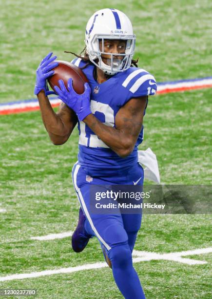 Hilton of the Indianapolis Colts catches a pass during the second half against the Houston Texans at Lucas Oil Stadium on December 20, 2020 in...