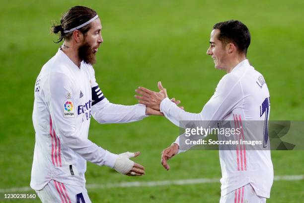 Lucas Vazquez of Real Madrid celebrates 1-3 with Sergio Ramos of Real Madrid during the La Liga Santander match between Eibar v Real Madrid at the...