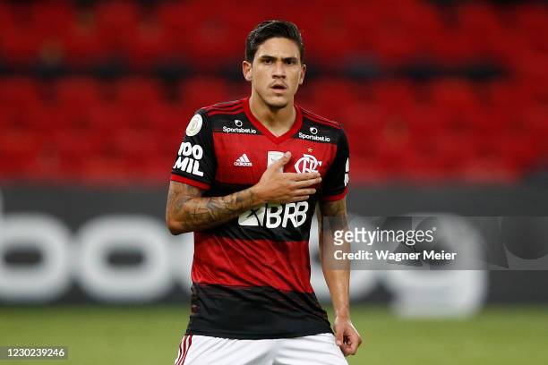 Pedro of Flamengo celebrates his goal during a match between Flamengo and Bahia as part of 2020 Brasileirao Series A at Maracana Stadium on December...