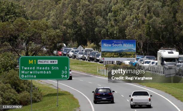 Long queue of motorists who are entering Queensland from New South Wales through the border checkpoint on December 21, 2020 in Coolangatta, Gold...
